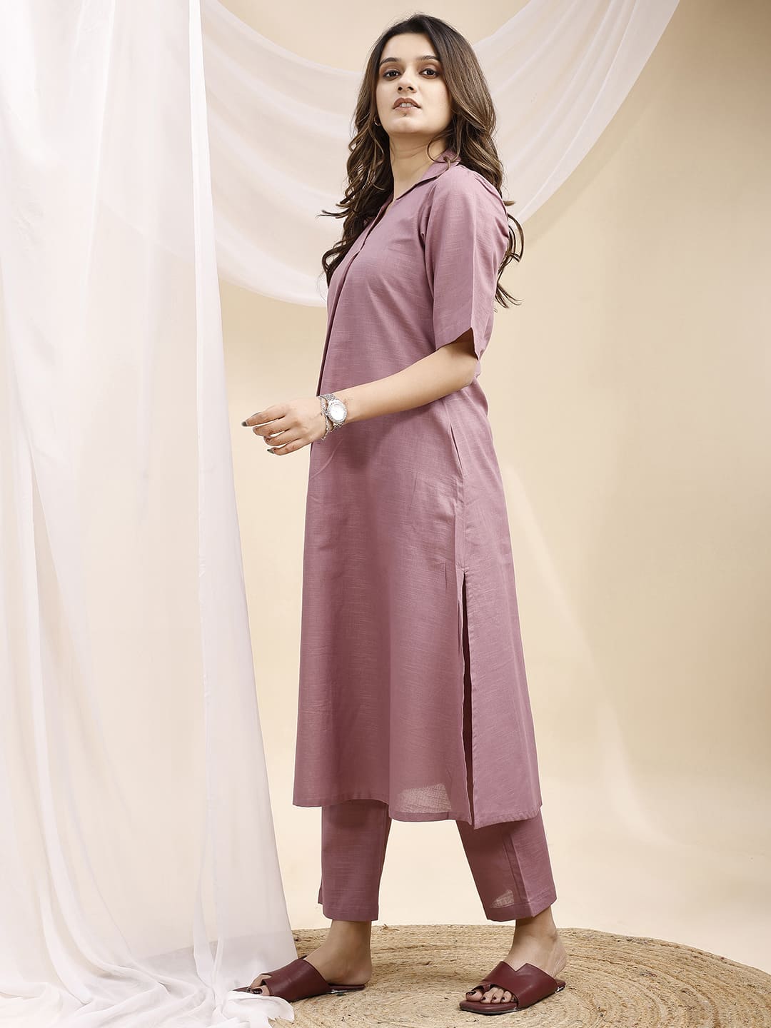 Lilac Collared A line Linen Kurta Set