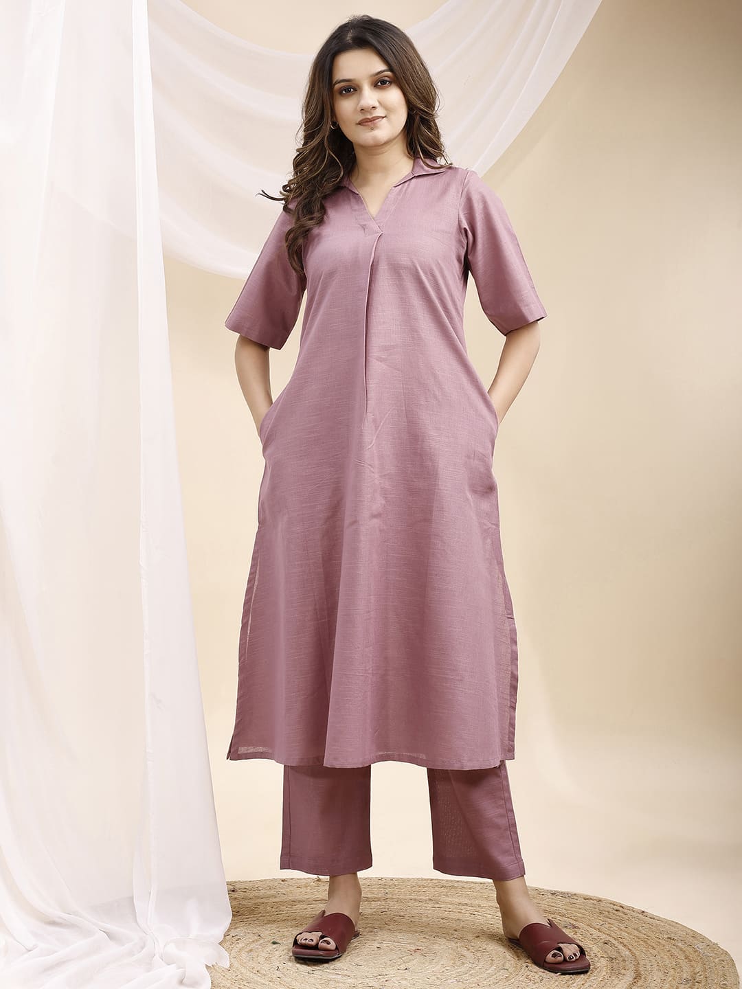 Lilac Collared A line Linen Kurta Set