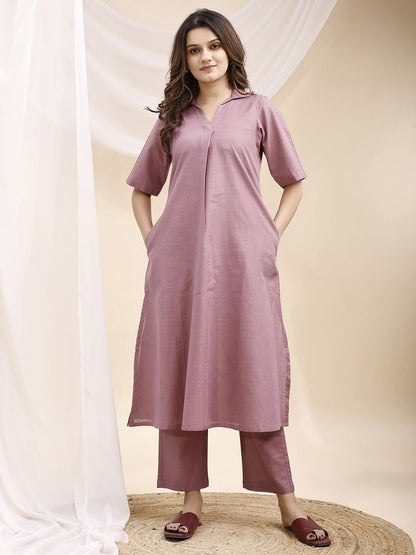 Lilac Collared A line Linen Kurta Set