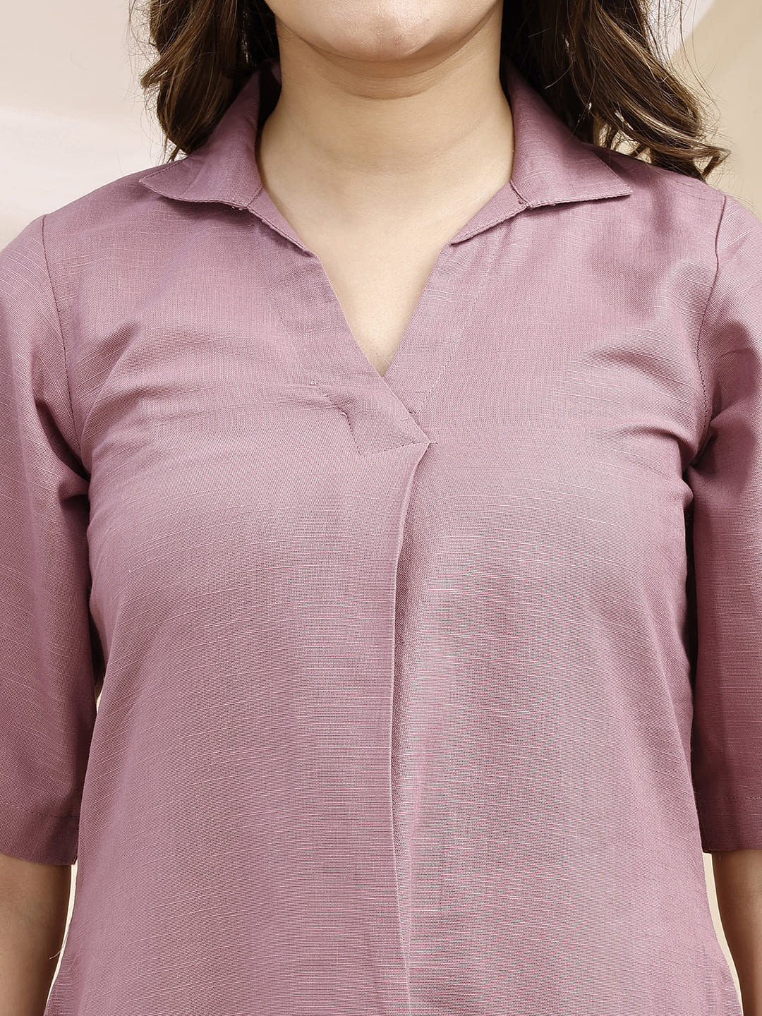 Lilac Collared A line Linen Kurta Set