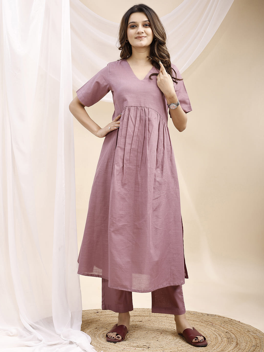 Lilac Pleated A Line Linen Kurta Set