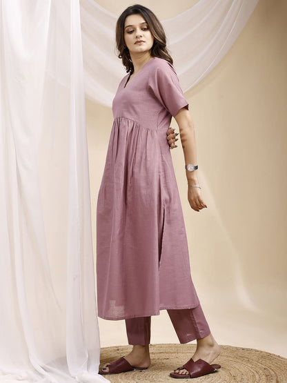 Lilac Pleated A Line Linen Kurta Set