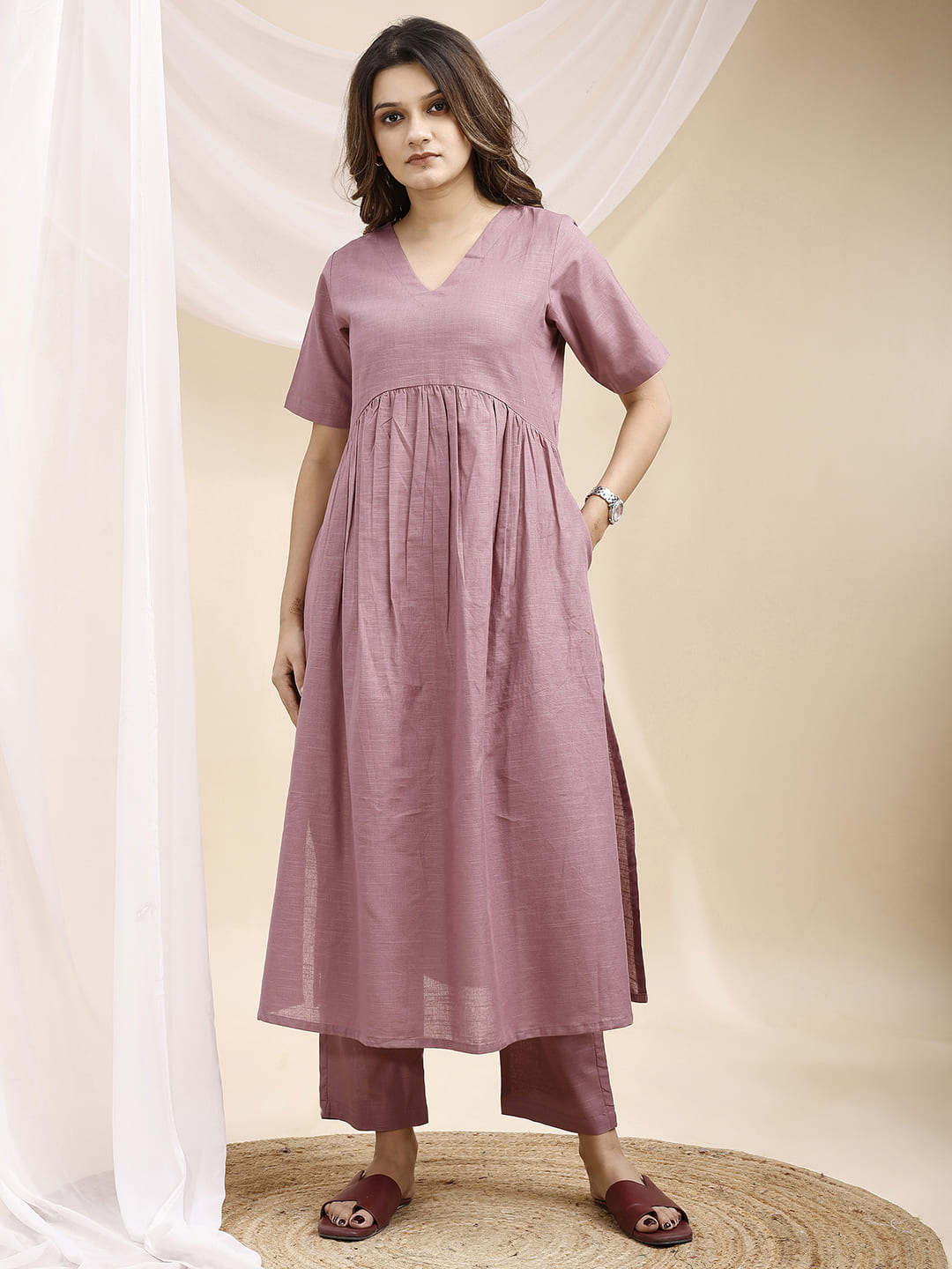 Lilac Pleated A Line Linen Kurta Set