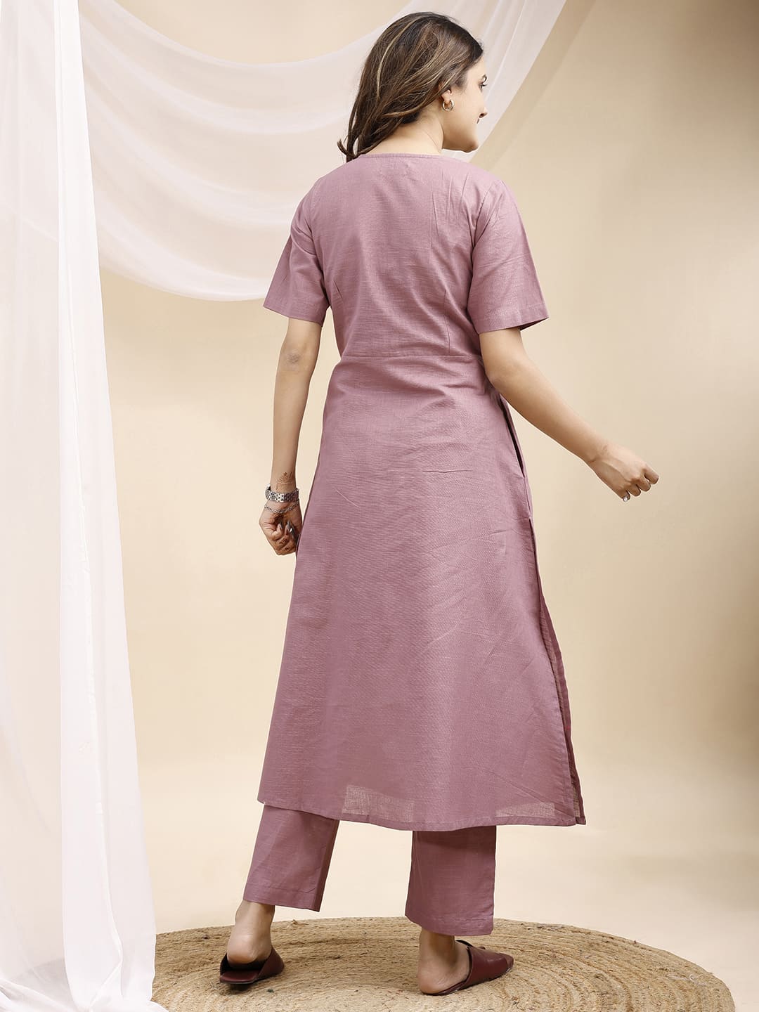 Lilac Pleated A Line Linen Kurta Set