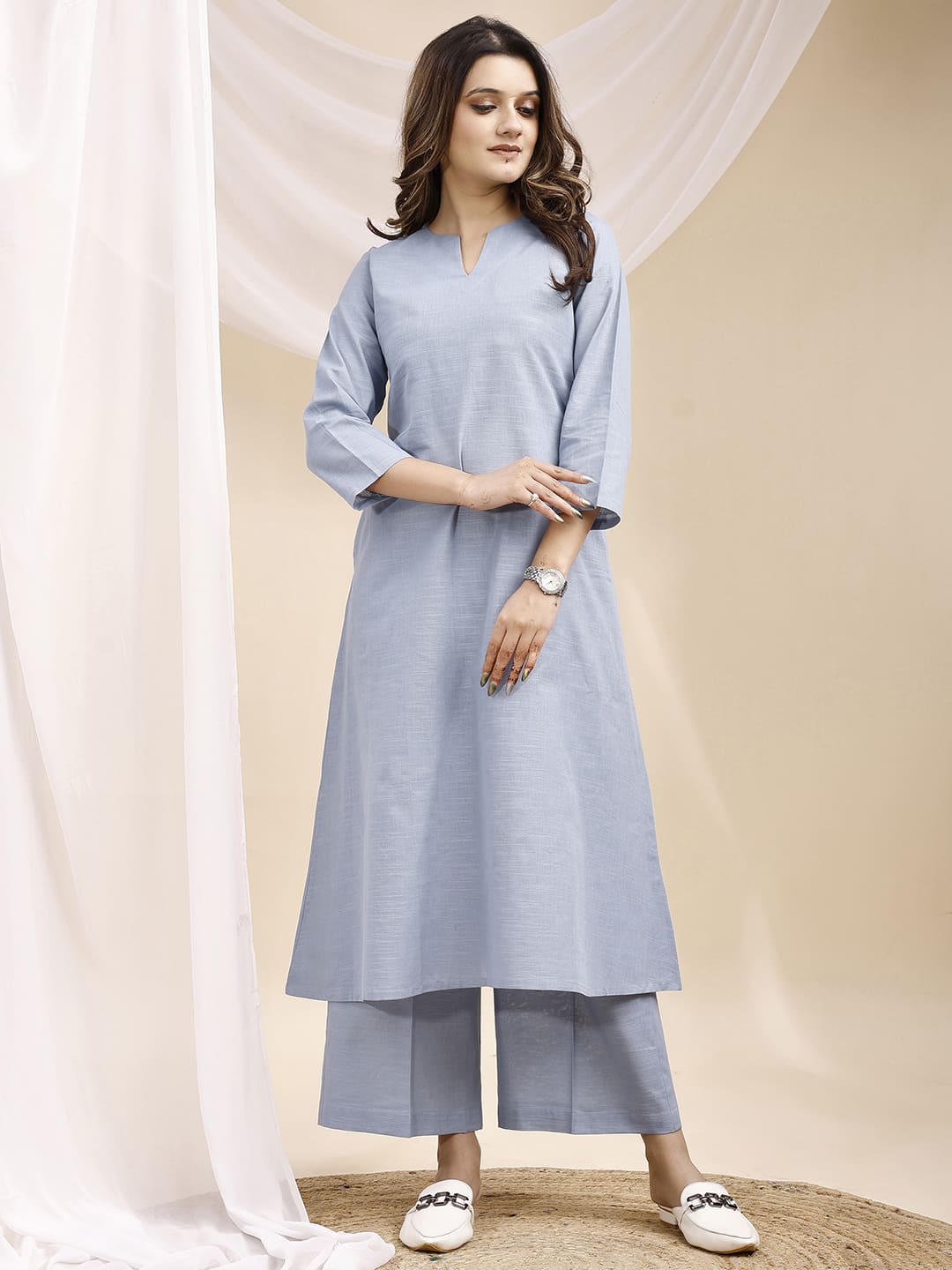 Sea Blue V Neck Linen Kurta with Palazzo