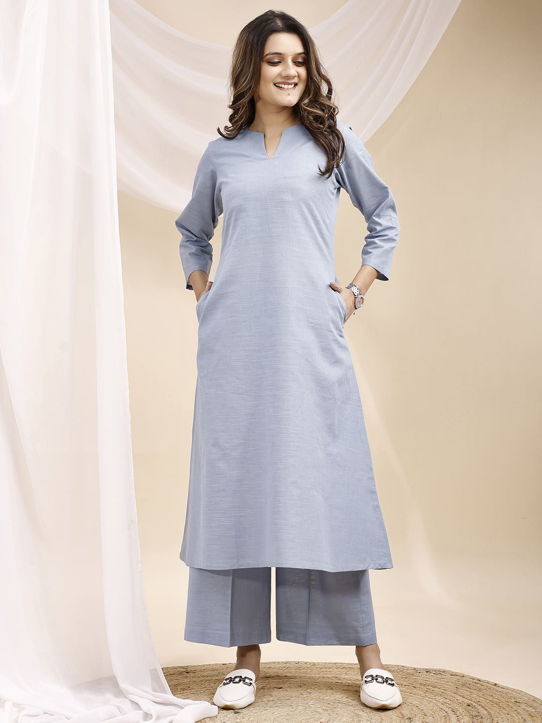 Sea Blue V Neck Cotton Kurta Set