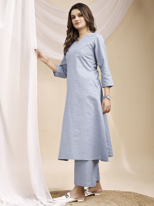 Sea Blue V Neck Cotton Kurta Set