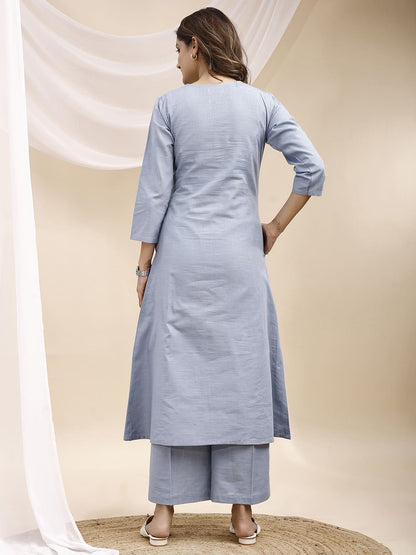 Sea Blue V Neck Linen Kurta with Palazzo