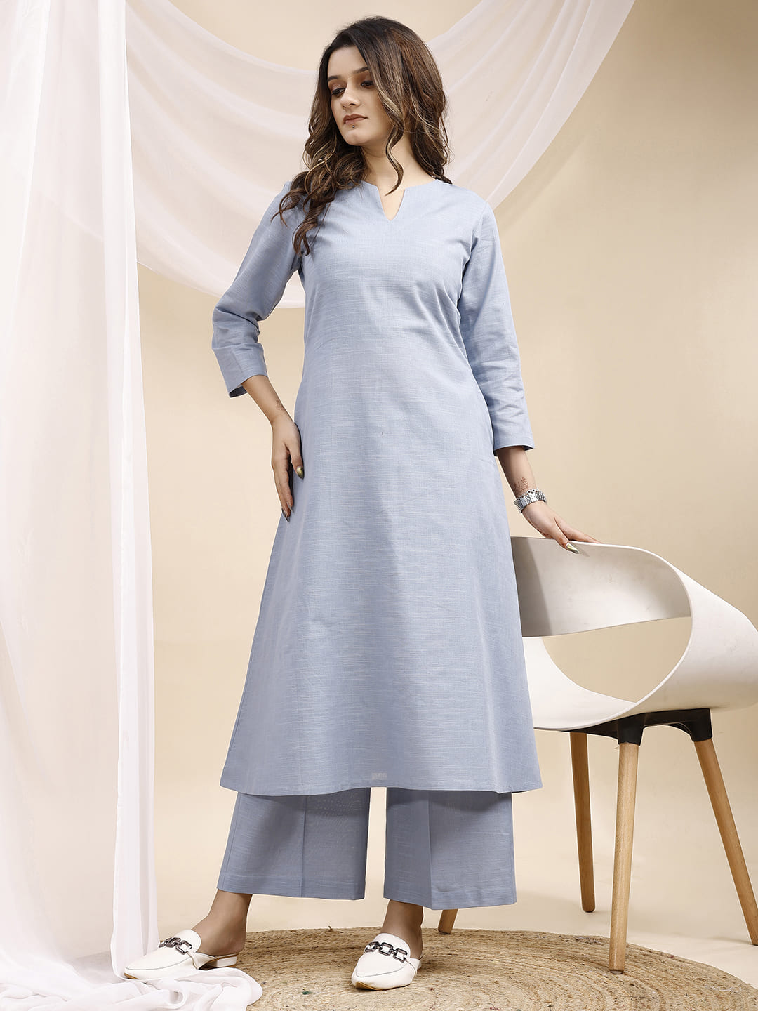 Sea Blue V Neck Linen Kurta with Palazzo