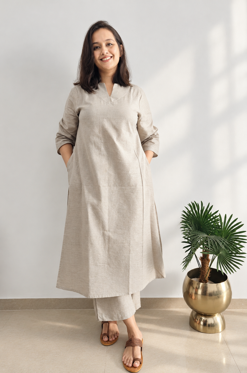 Grey V Neck Linen Kurta Set