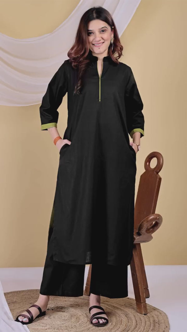 Black Mandarin Collar Cotton Kurta Set
