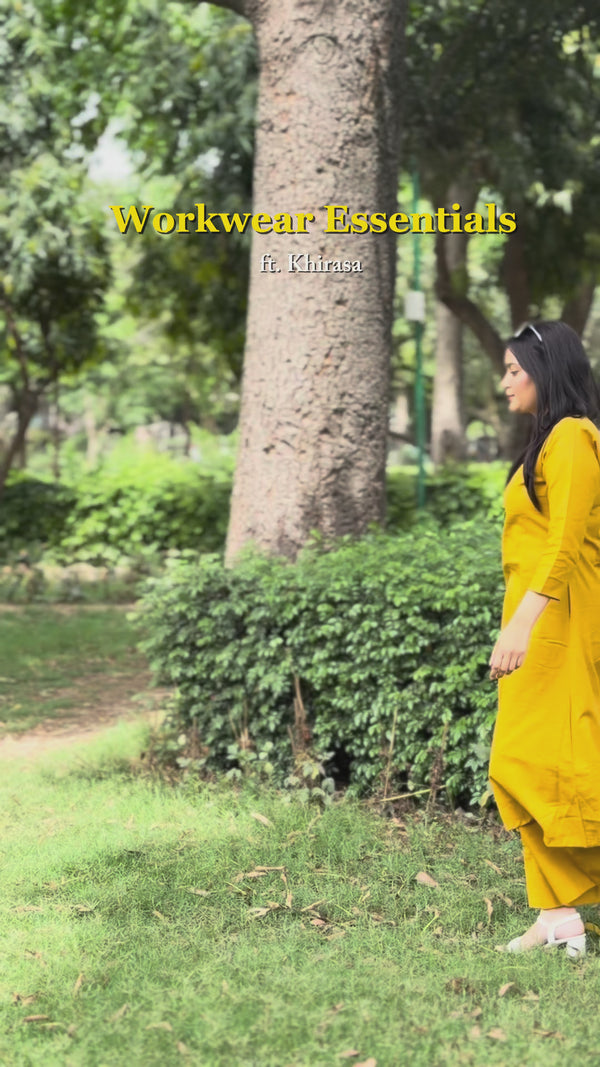 Mustard V-Neck Linen Kurta Set