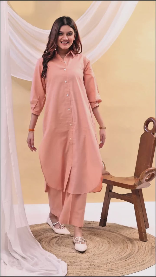 Pink Linen A Line Collared Kurta Set