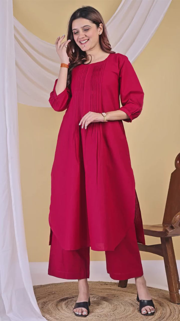 Deep Pink Linen Pleated A-Line Kurta Set