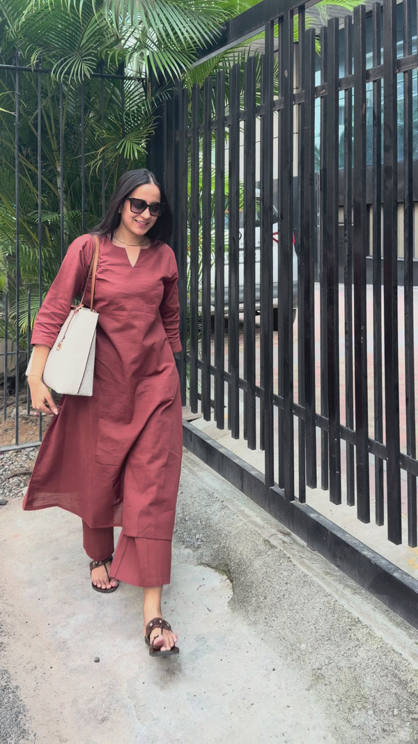 Brown V Neck Linen Kurta Set